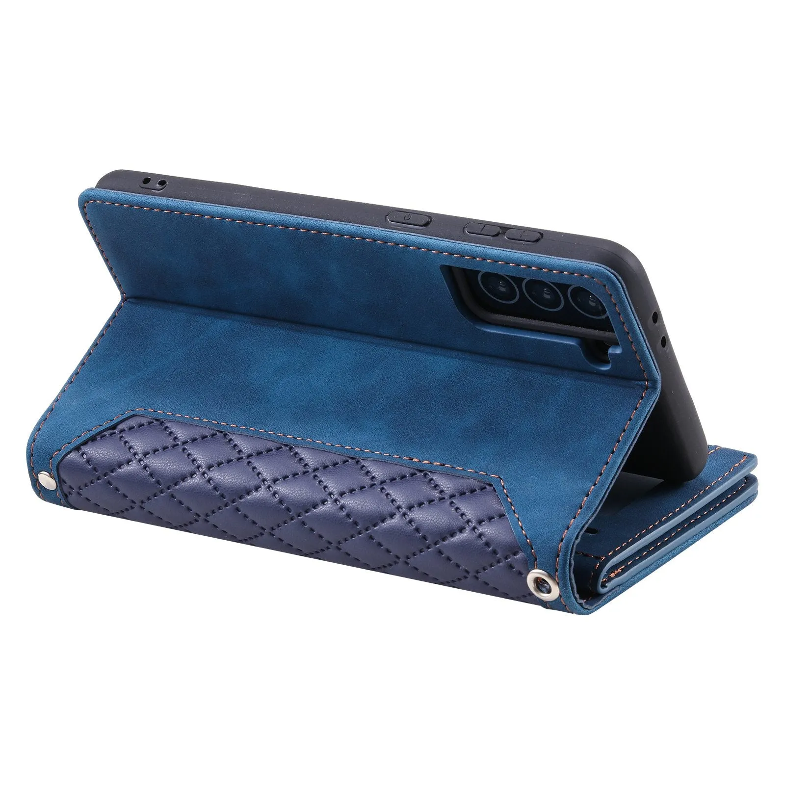005 Style For Samsung Galaxy S21 FE 5G, Anti-scratch Zipper Pocket Phone Cover Rhombus Texture PU Leather Anti-fall Wallet Case Stand with Strap Card Holder