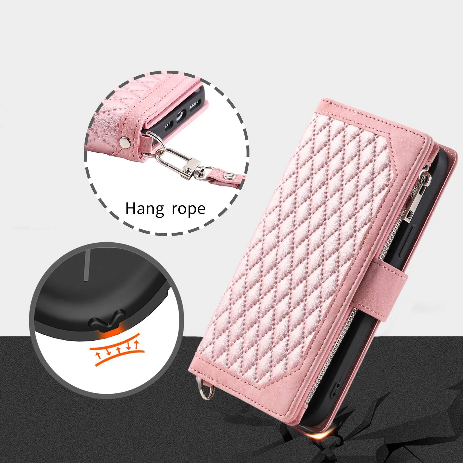 005 Style For Samsung Galaxy S21 FE 5G, Anti-scratch Zipper Pocket Phone Cover Rhombus Texture PU Leather Anti-fall Wallet Case Stand with Strap Card Holder