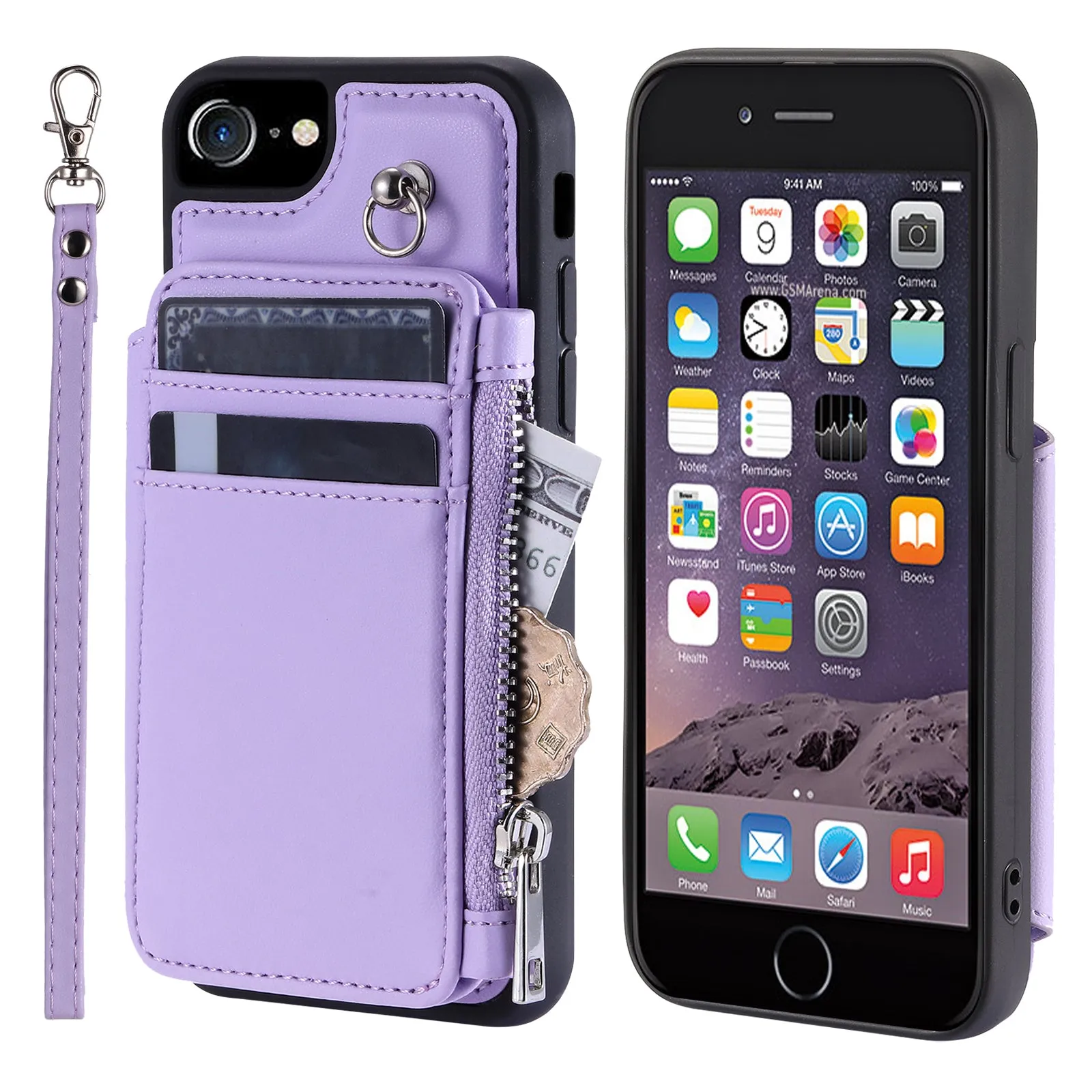 009 Cell Phone Back Case for iPhone 6 / 6s / 7 / 8 / SE (2020) / SE (2022) , RFID Blocking PU TPU Cover Kickstand Zipper Wallet Shell with Strap