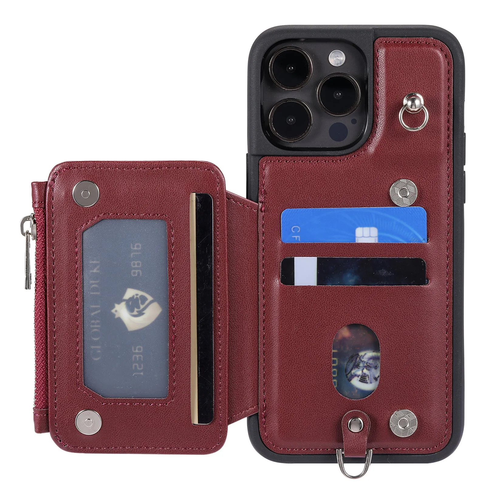 009 Protection Cover for iPhone 15 Pro Max , RFID Blocking PU TPU Case Kickstand Zipper Wallet Shell with Strap