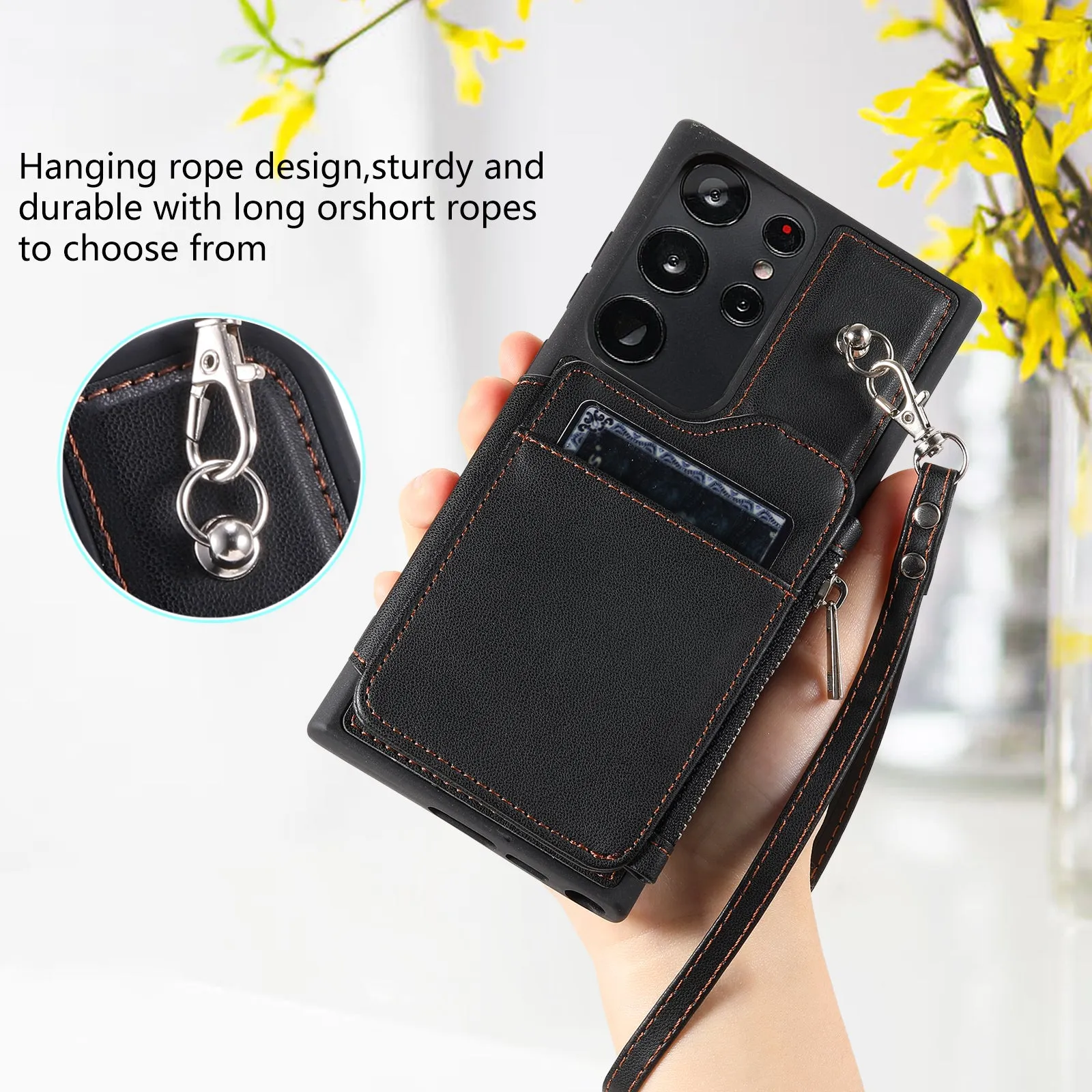 009 RFID Blocking Wallet Case for Samsung Galaxy S23 Ultra , PU Leather Coated TPU Kickstand Zipper Phone Cover with Straps