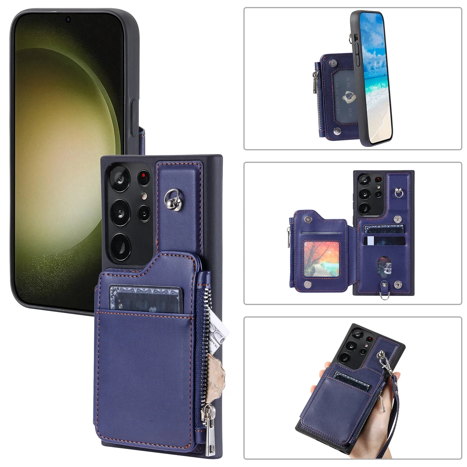 009 RFID Blocking Wallet Case for Samsung Galaxy S23 Ultra , PU Leather Coated TPU Kickstand Zipper Phone Cover with Straps