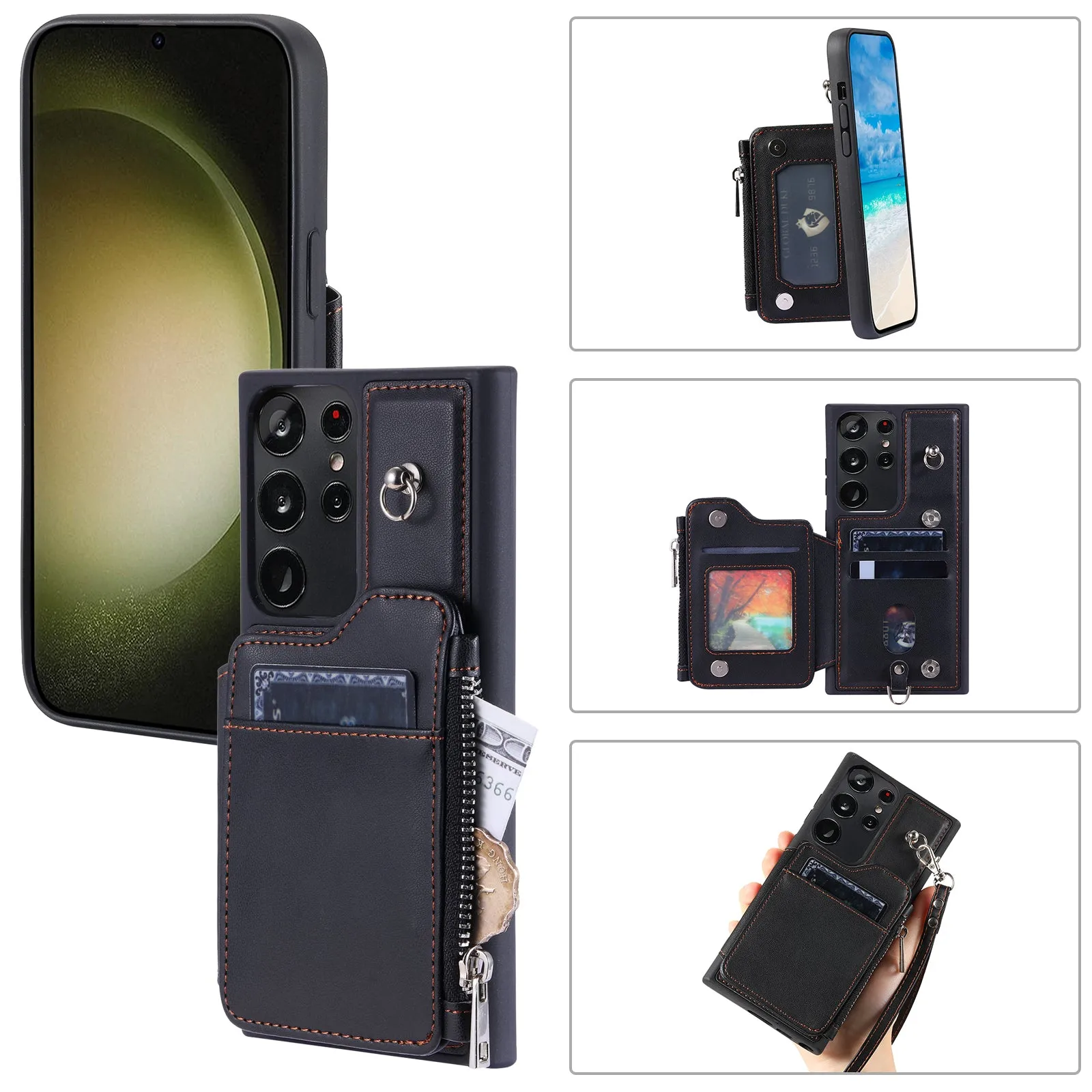 009 RFID Blocking Wallet Case for Samsung Galaxy S23 Ultra , PU Leather Coated TPU Kickstand Zipper Phone Cover with Straps