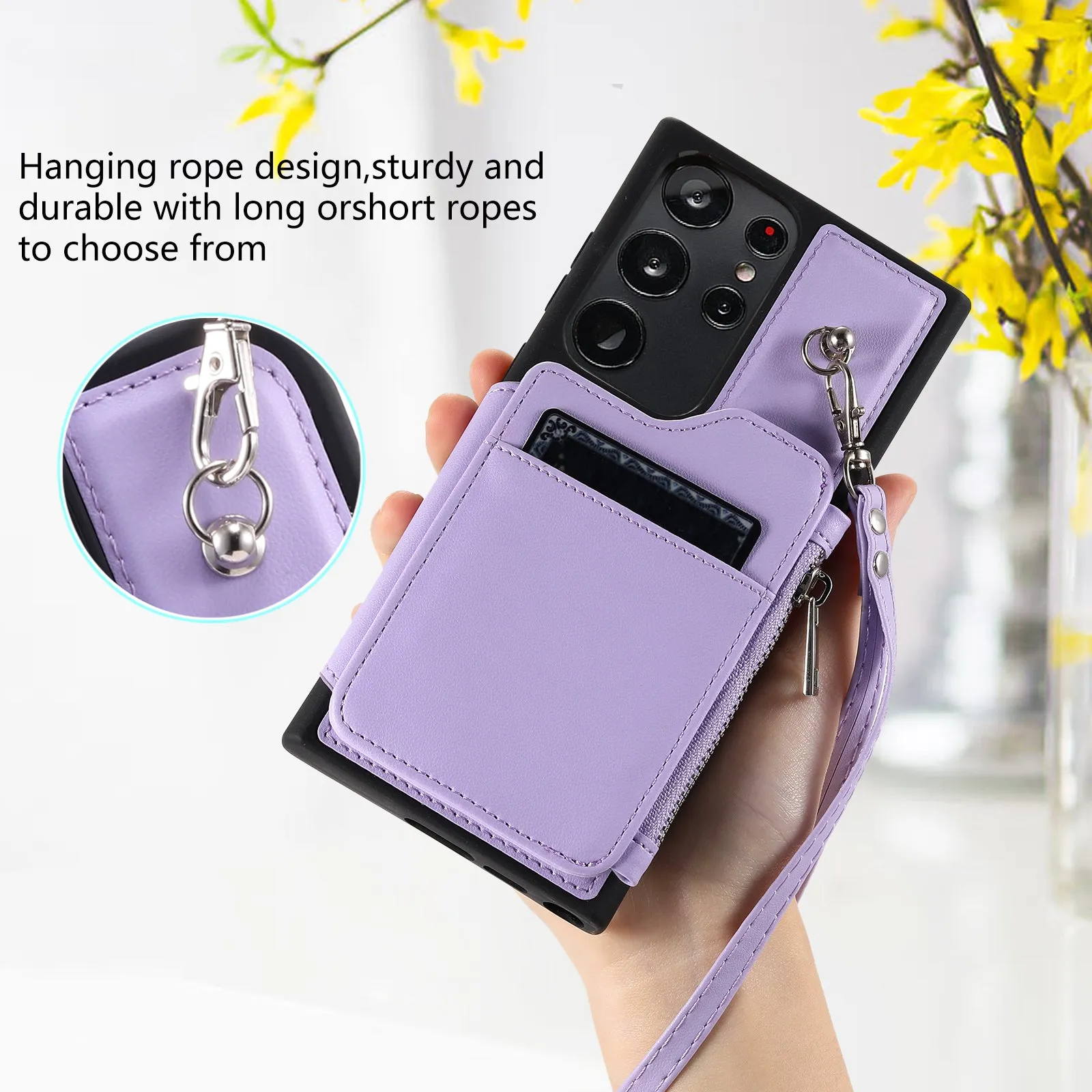 009 RFID Blocking Wallet Case for Samsung Galaxy S23 Ultra , PU Leather Coated TPU Kickstand Zipper Phone Cover with Straps