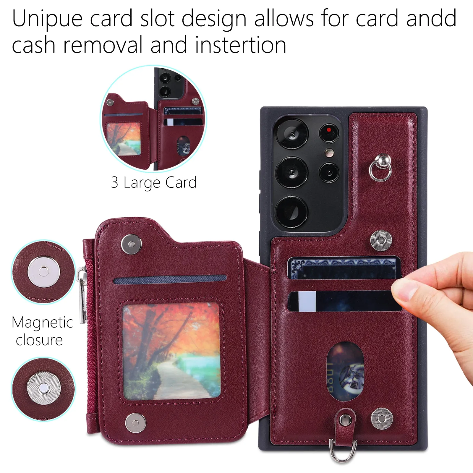 009 RFID Blocking Wallet Case for Samsung Galaxy S23 Ultra , PU Leather Coated TPU Kickstand Zipper Phone Cover with Straps