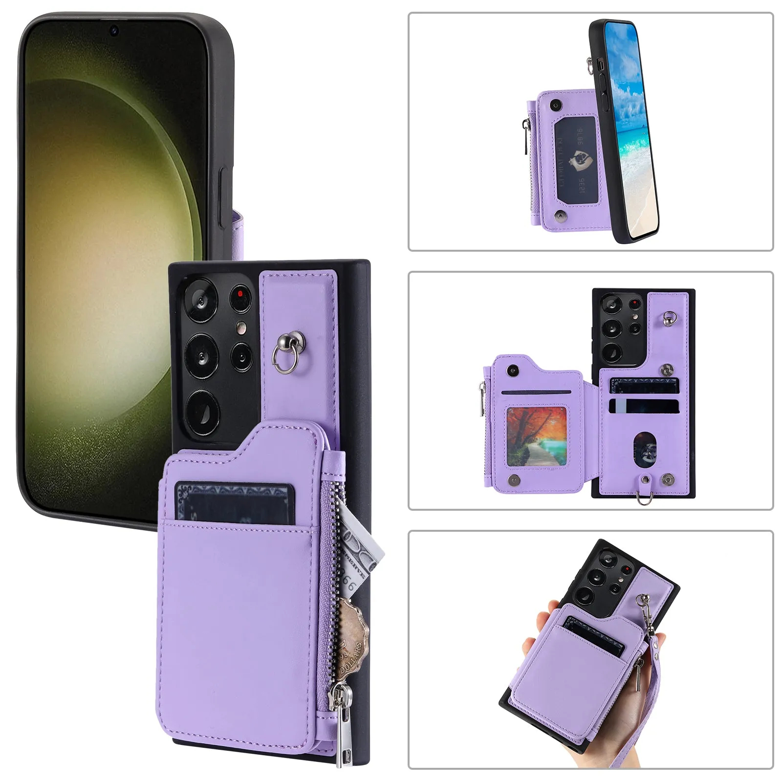 009 RFID Blocking Wallet Case for Samsung Galaxy S23 Ultra , PU Leather Coated TPU Kickstand Zipper Phone Cover with Straps