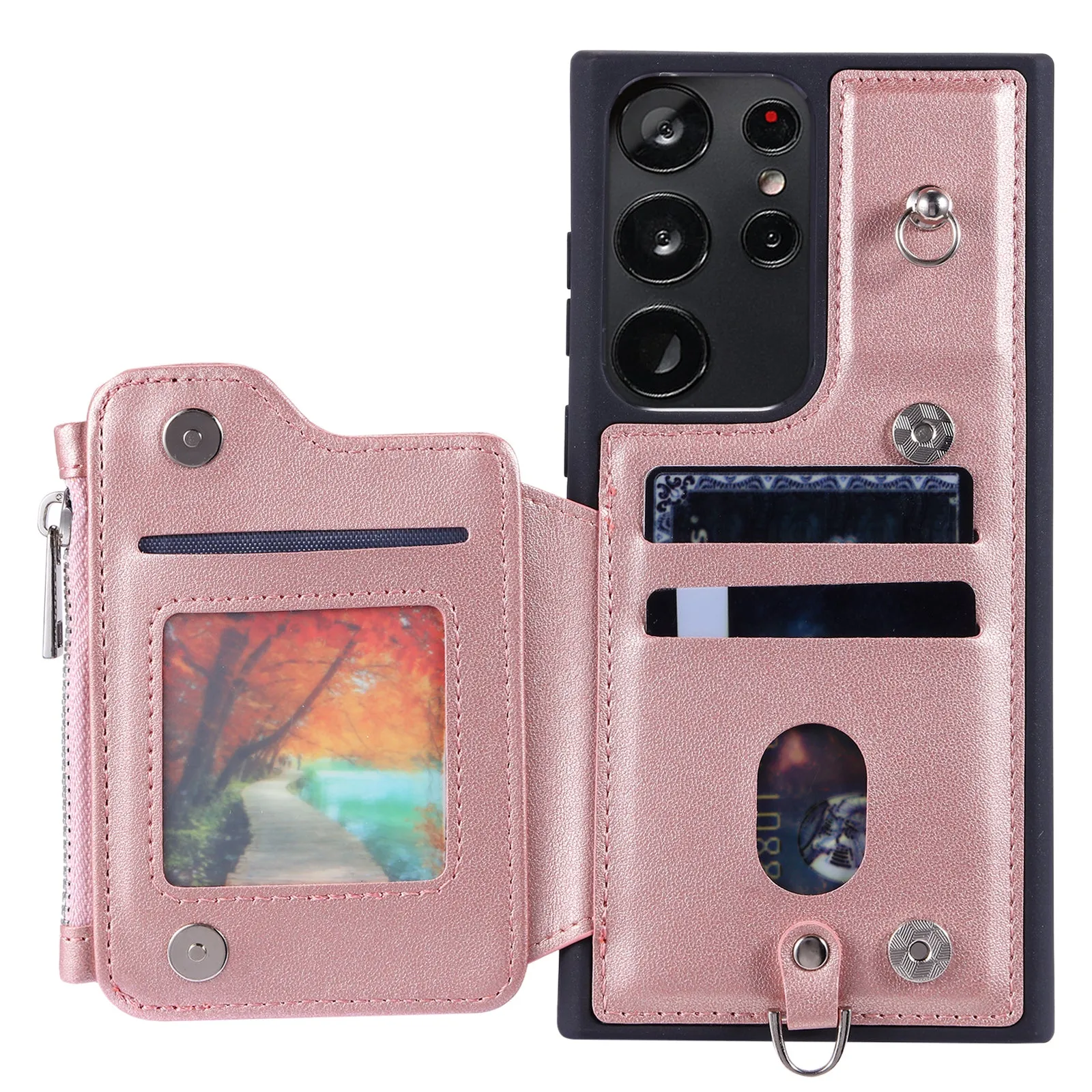 009 RFID Blocking Wallet Case for Samsung Galaxy S23 Ultra , PU Leather Coated TPU Kickstand Zipper Phone Cover with Straps