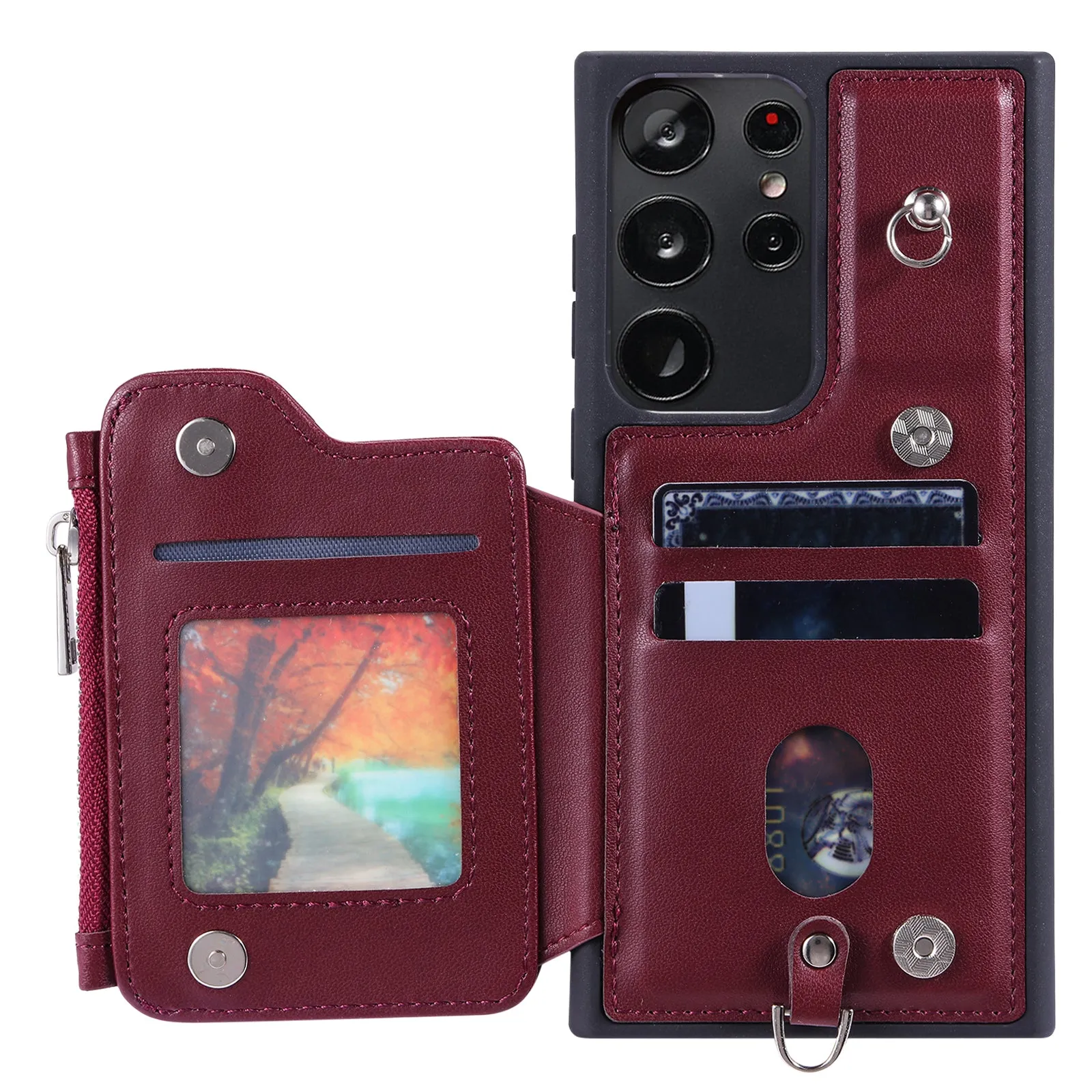 009 RFID Blocking Wallet Case for Samsung Galaxy S23 Ultra , PU Leather Coated TPU Kickstand Zipper Phone Cover with Straps