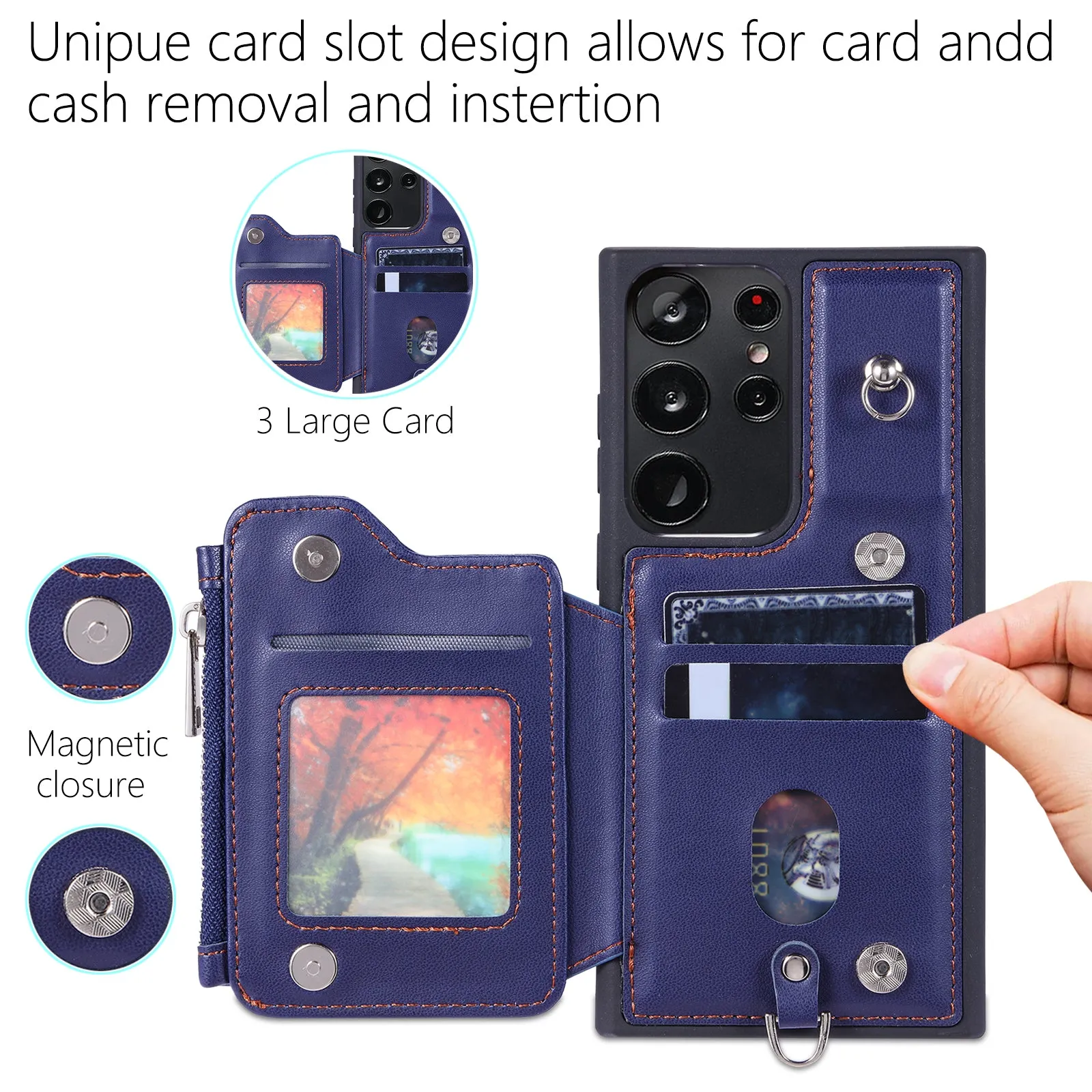009 RFID Blocking Wallet Case for Samsung Galaxy S23 Ultra , PU Leather Coated TPU Kickstand Zipper Phone Cover with Straps