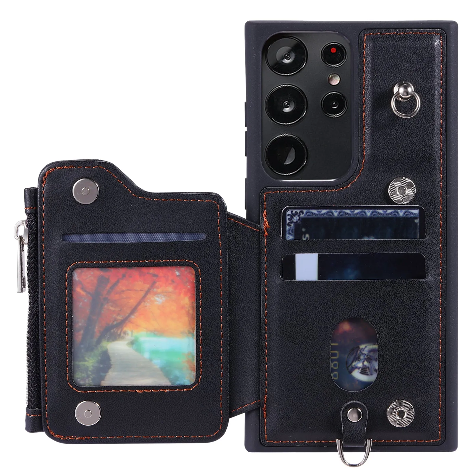 009 RFID Blocking Wallet Case for Samsung Galaxy S23 Ultra , PU Leather Coated TPU Kickstand Zipper Phone Cover with Straps