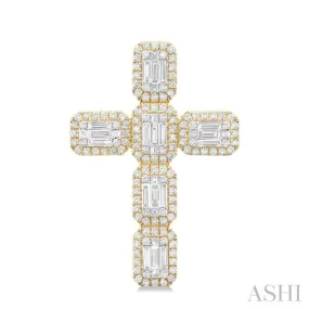 1 1/2 ctw Cross Fusion Baguette and Round Cut Diamond Fashion Pendant in 14K Yellow and White Gold