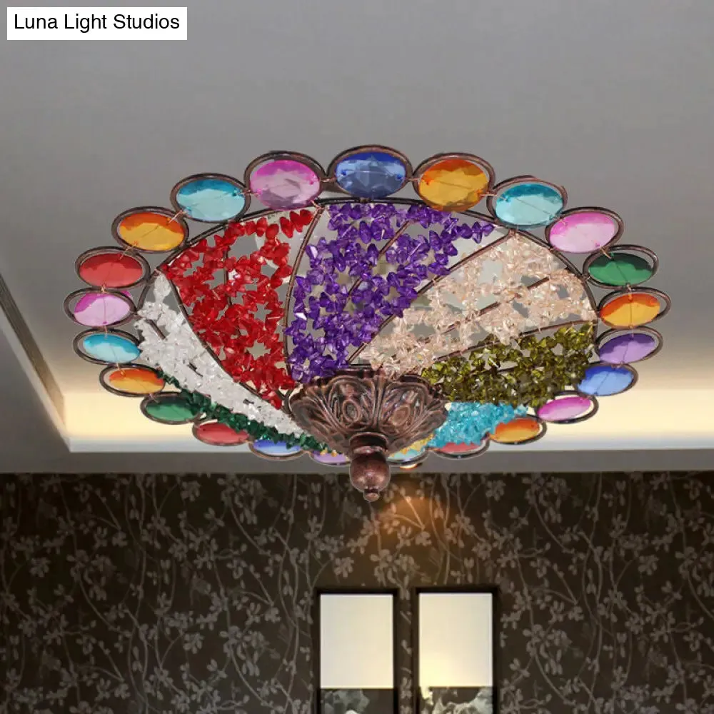 12"/16" Colonial Flared Ceiling Lamp: Multi Colored Plexiglass, 3-Light, Weathered Copper Finish, Flushmount