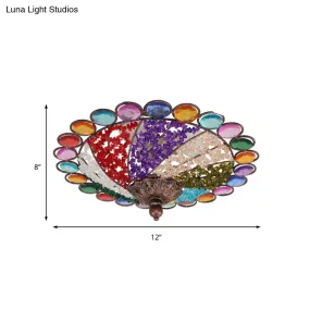 12"/16" Colonial Flared Ceiling Lamp: Multi Colored Plexiglass, 3-Light, Weathered Copper Finish, Flushmount