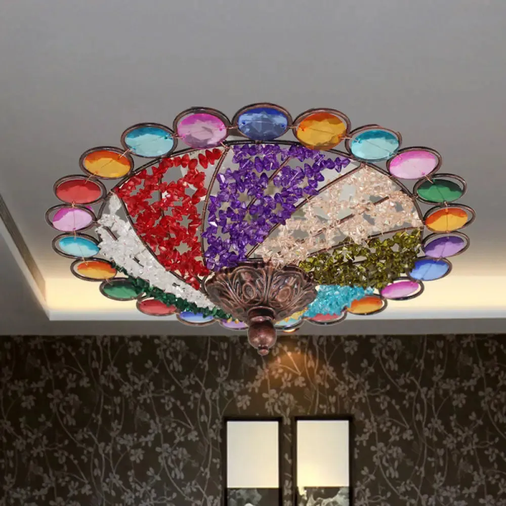 12"/16" Colonial Flared Ceiling Lamp: Multi Colored Plexiglass, 3-Light, Weathered Copper Finish, Flushmount