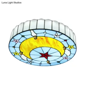 12"/16" W Moon Flush Ceiling Light: Modern Tiffany Stained Glass Semi Flush Mount in Blue