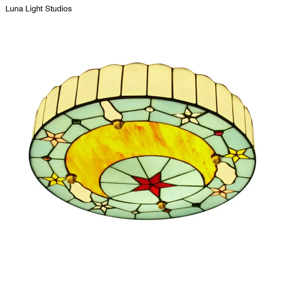 12"/16" W Moon Flush Ceiling Light: Modern Tiffany Stained Glass Semi Flush Mount in Blue