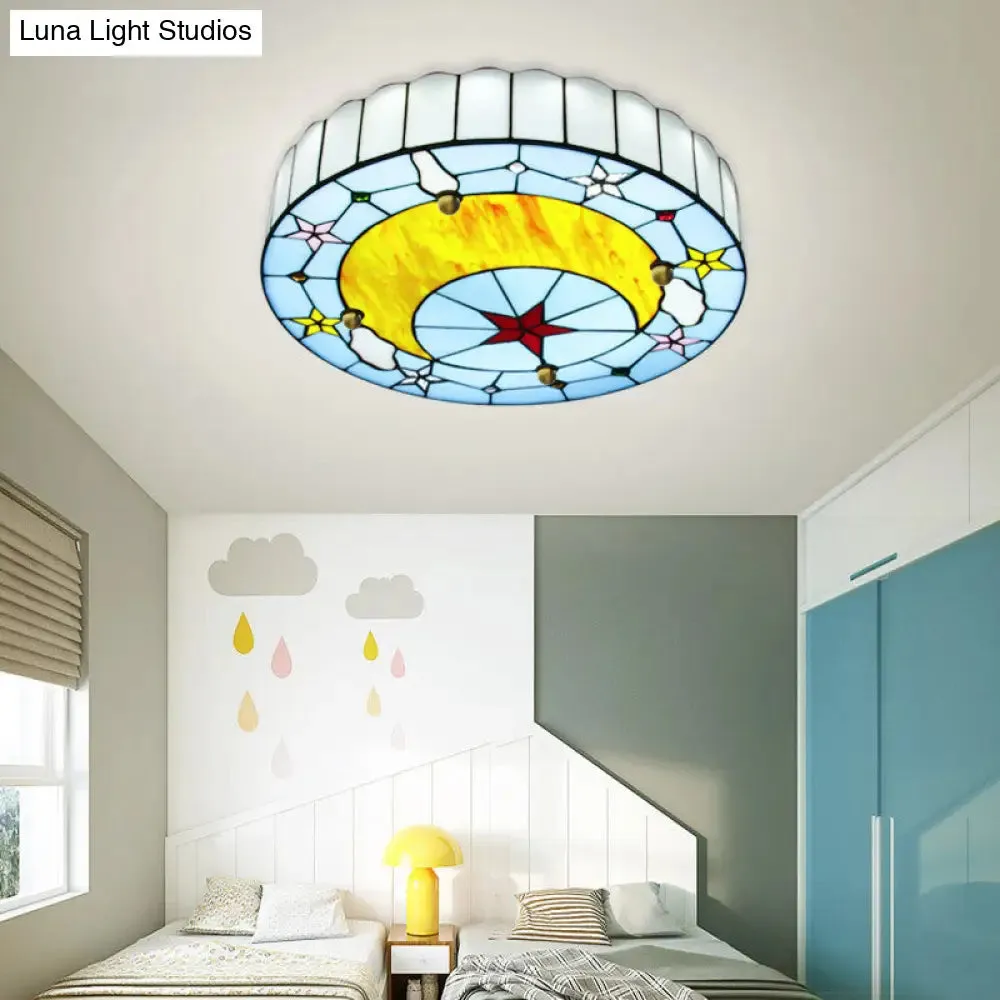 12"/16" W Moon Flush Ceiling Light: Modern Tiffany Stained Glass Semi Flush Mount in Blue