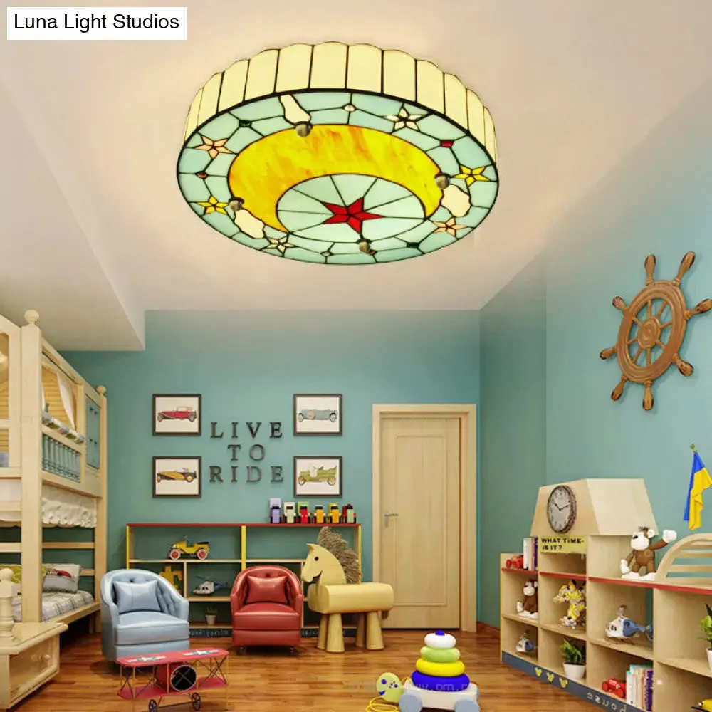 12"/16" W Moon Flush Ceiling Light: Modern Tiffany Stained Glass Semi Flush Mount in Blue