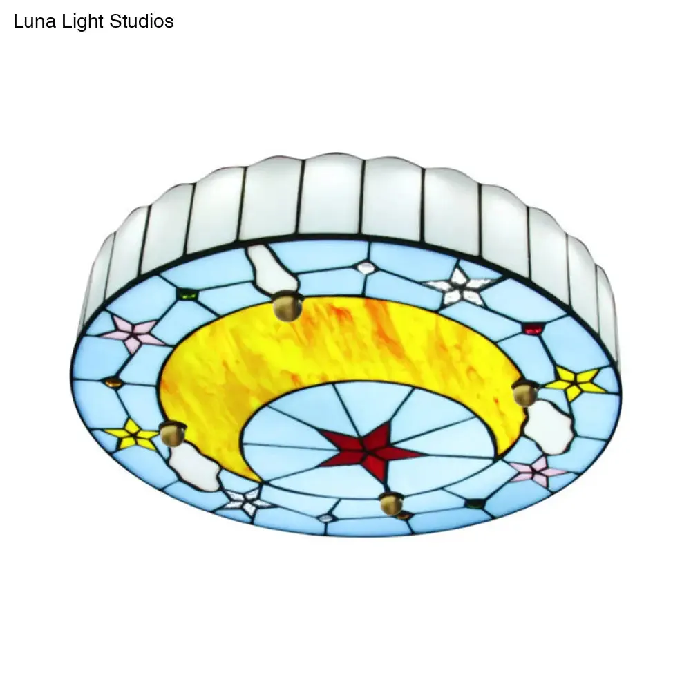 12"/16" W Moon Flush Ceiling Light: Modern Tiffany Stained Glass Semi Flush Mount in Blue