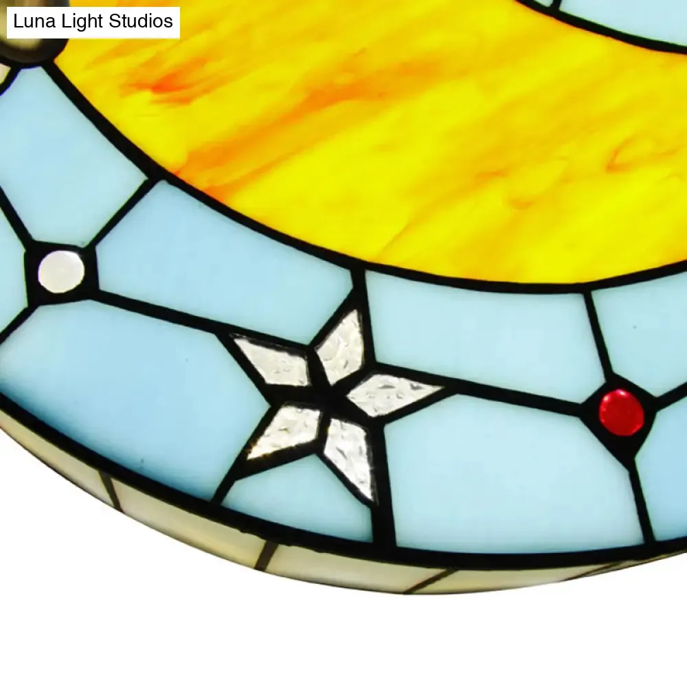12"/16" W Moon Flush Ceiling Light: Modern Tiffany Stained Glass Semi Flush Mount in Blue