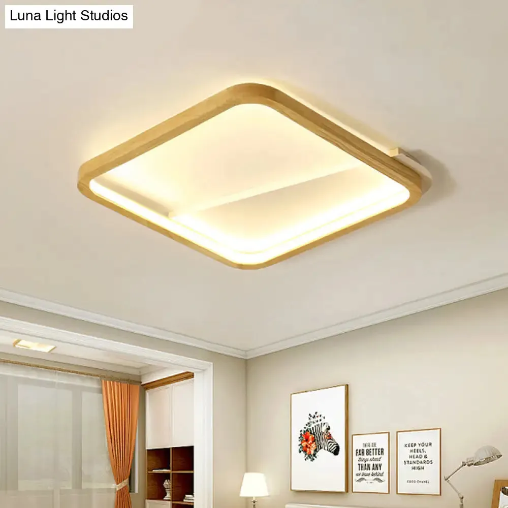 13"/17" Wide Beige Flush Mount LED Ceiling Light with Wood Frame - Simple Bedroom Fixture