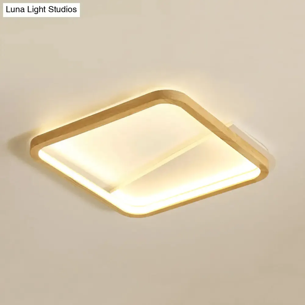 13"/17" Wide Beige Flush Mount LED Ceiling Light with Wood Frame - Simple Bedroom Fixture