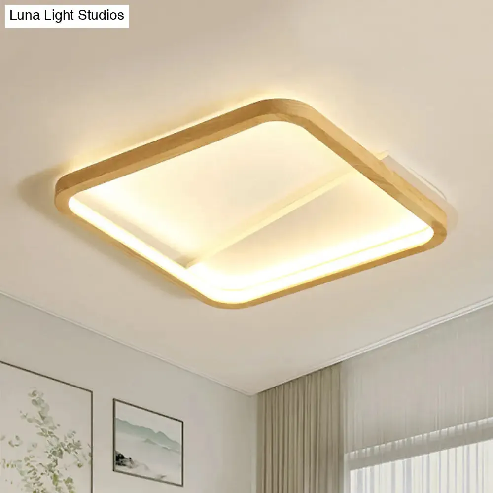 13"/17" Wide Beige Flush Mount LED Ceiling Light with Wood Frame - Simple Bedroom Fixture