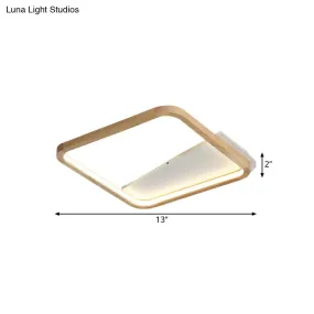13"/17" Wide Beige Flush Mount LED Ceiling Light with Wood Frame - Simple Bedroom Fixture