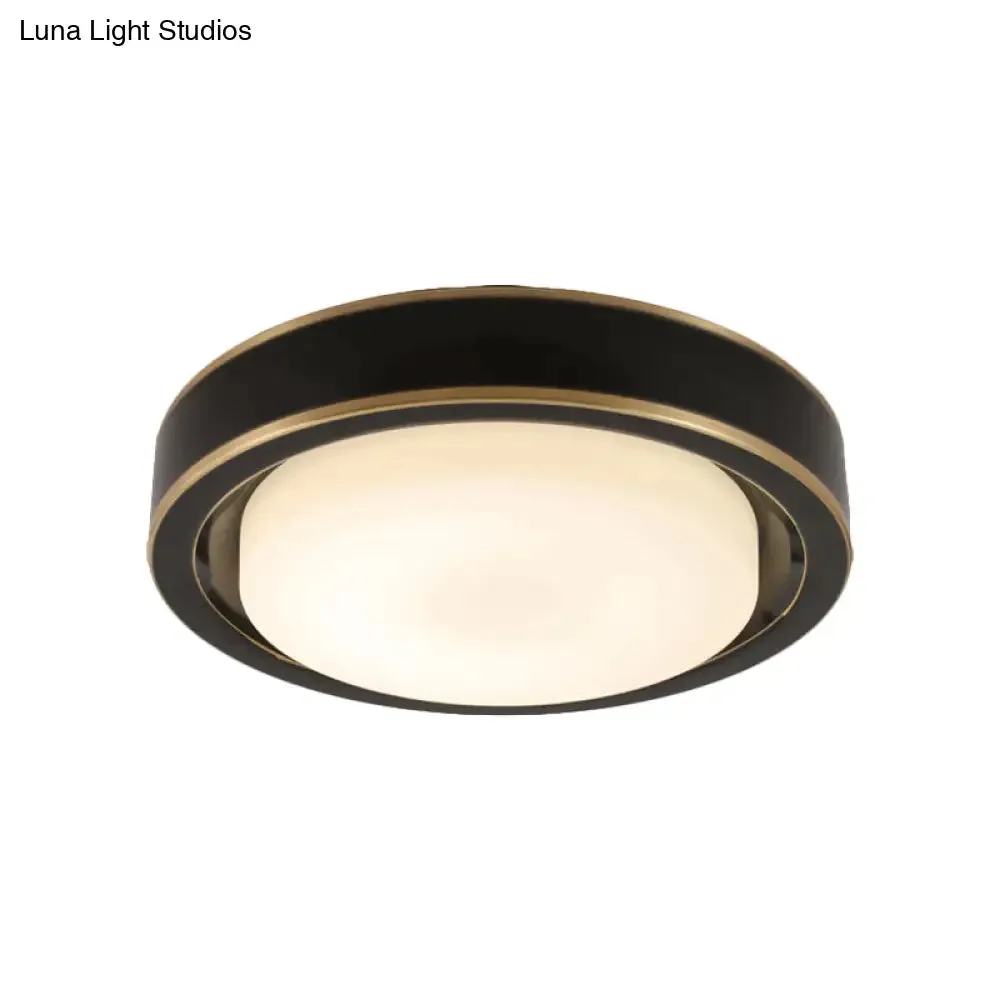 15"/19" Black/Brass Drum Ceiling Light Fixture with Classic Frosted Glass and LED for Bedroom - Flush Mount in White/Warm Light