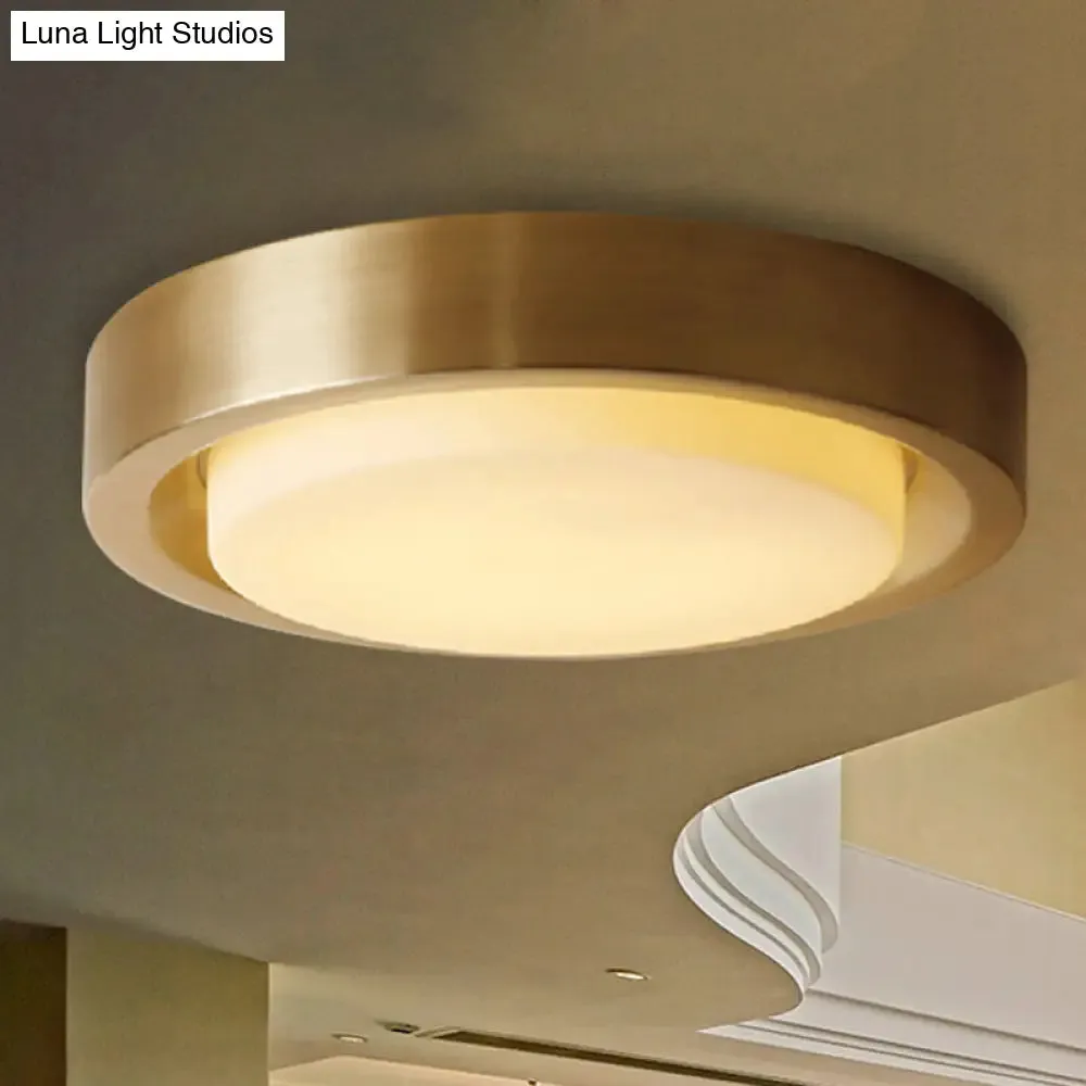 15"/19" Black/Brass Drum Ceiling Light Fixture with Classic Frosted Glass and LED for Bedroom - Flush Mount in White/Warm Light