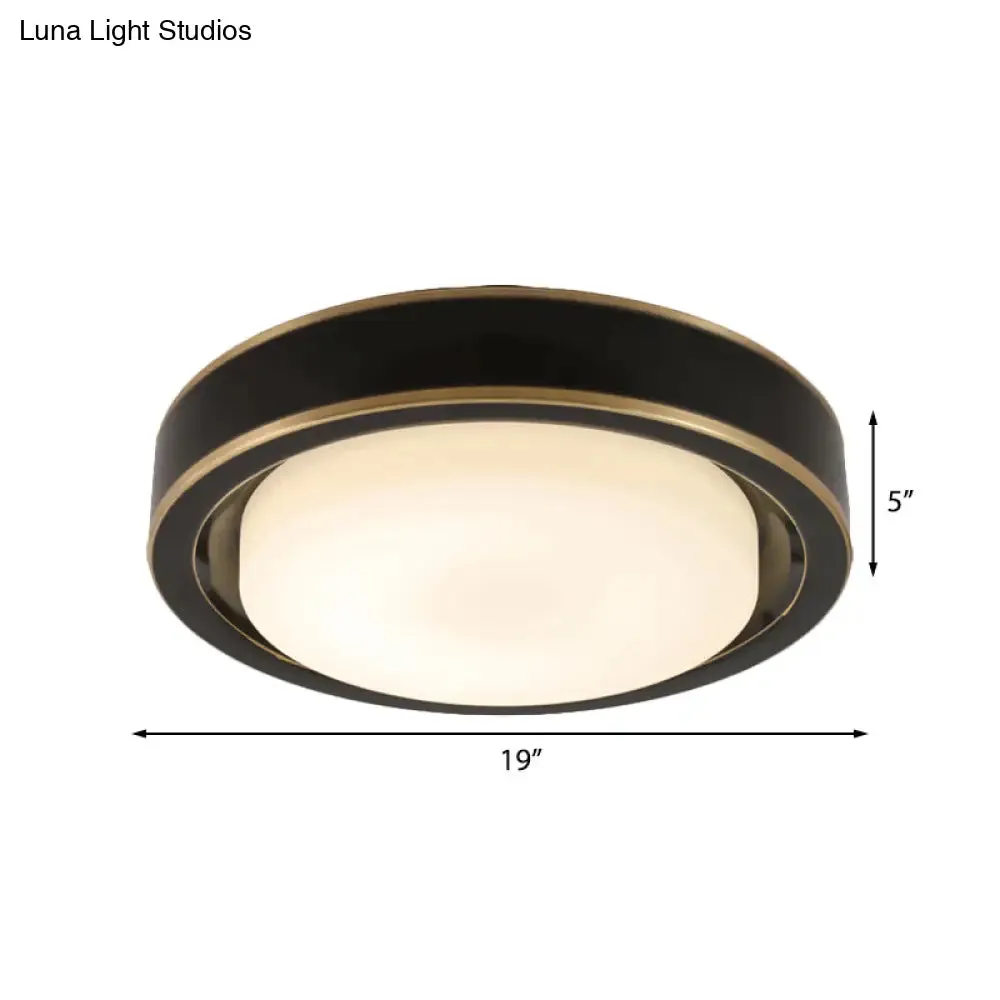 15"/19" Black/Brass Drum Ceiling Light Fixture with Classic Frosted Glass and LED for Bedroom - Flush Mount in White/Warm Light