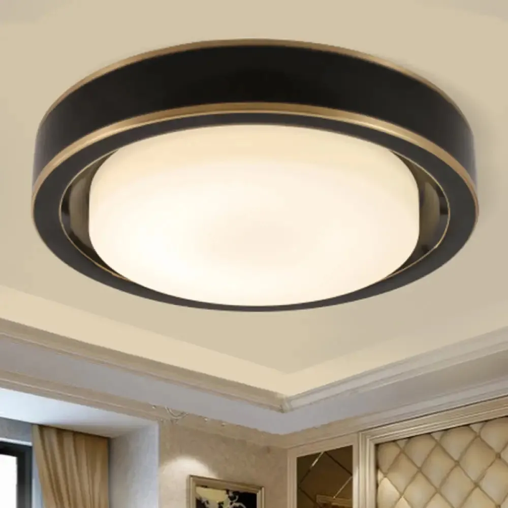 15"/19" Black/Brass Drum Ceiling Light Fixture with Classic Frosted Glass and LED for Bedroom - Flush Mount in White/Warm Light