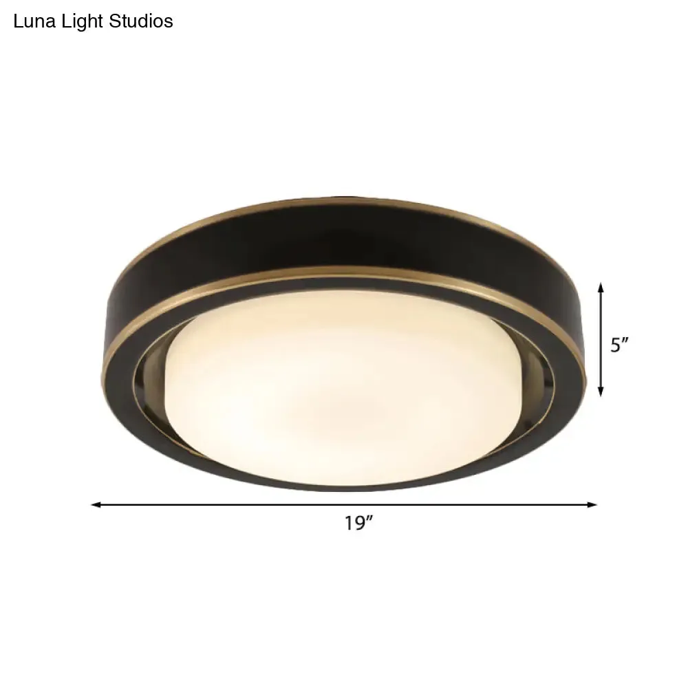 15"/19" Black/Brass Drum Ceiling Light Fixture with Classic Frosted Glass and LED for Bedroom - Flush Mount in White/Warm Light