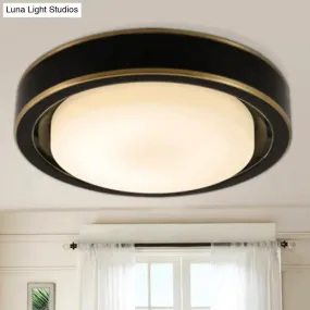 15"/19" Black/Brass Drum Ceiling Light Fixture with Classic Frosted Glass and LED for Bedroom - Flush Mount in White/Warm Light