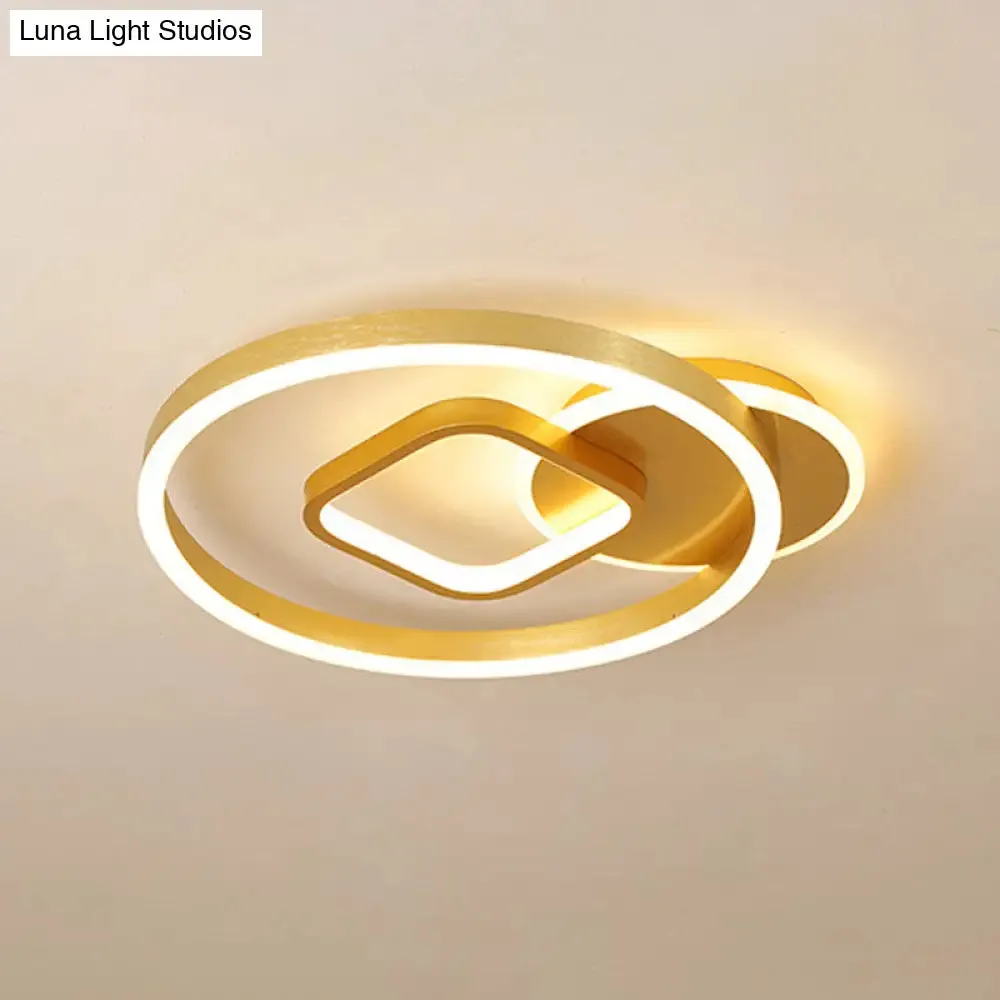 18"/22" Wide LED Flush Mount Lamp - Minimal Metal Golden Circle and Square Ceiling Light in Warm/White Light
