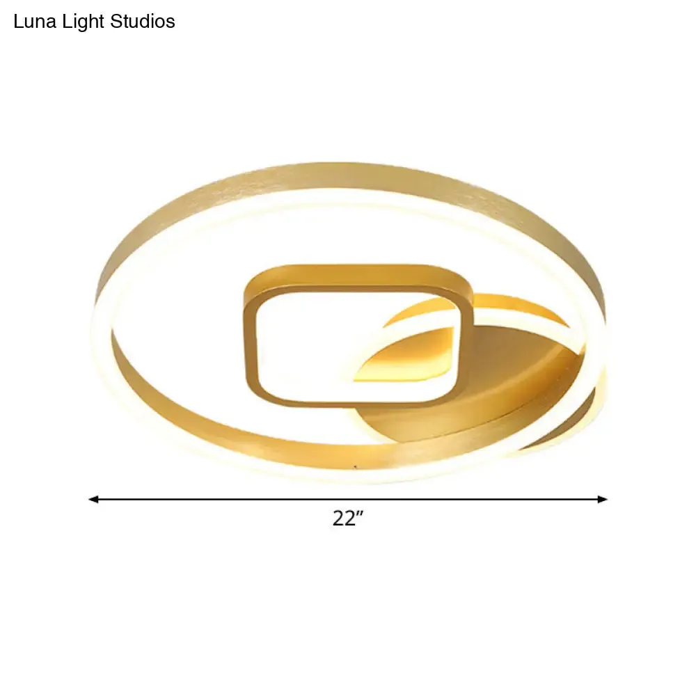 18"/22" Wide LED Flush Mount Lamp - Minimal Metal Golden Circle and Square Ceiling Light in Warm/White Light