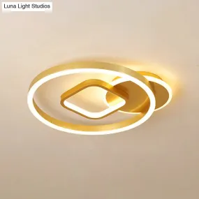 18"/22" Wide LED Flush Mount Lamp - Minimal Metal Golden Circle and Square Ceiling Light in Warm/White Light