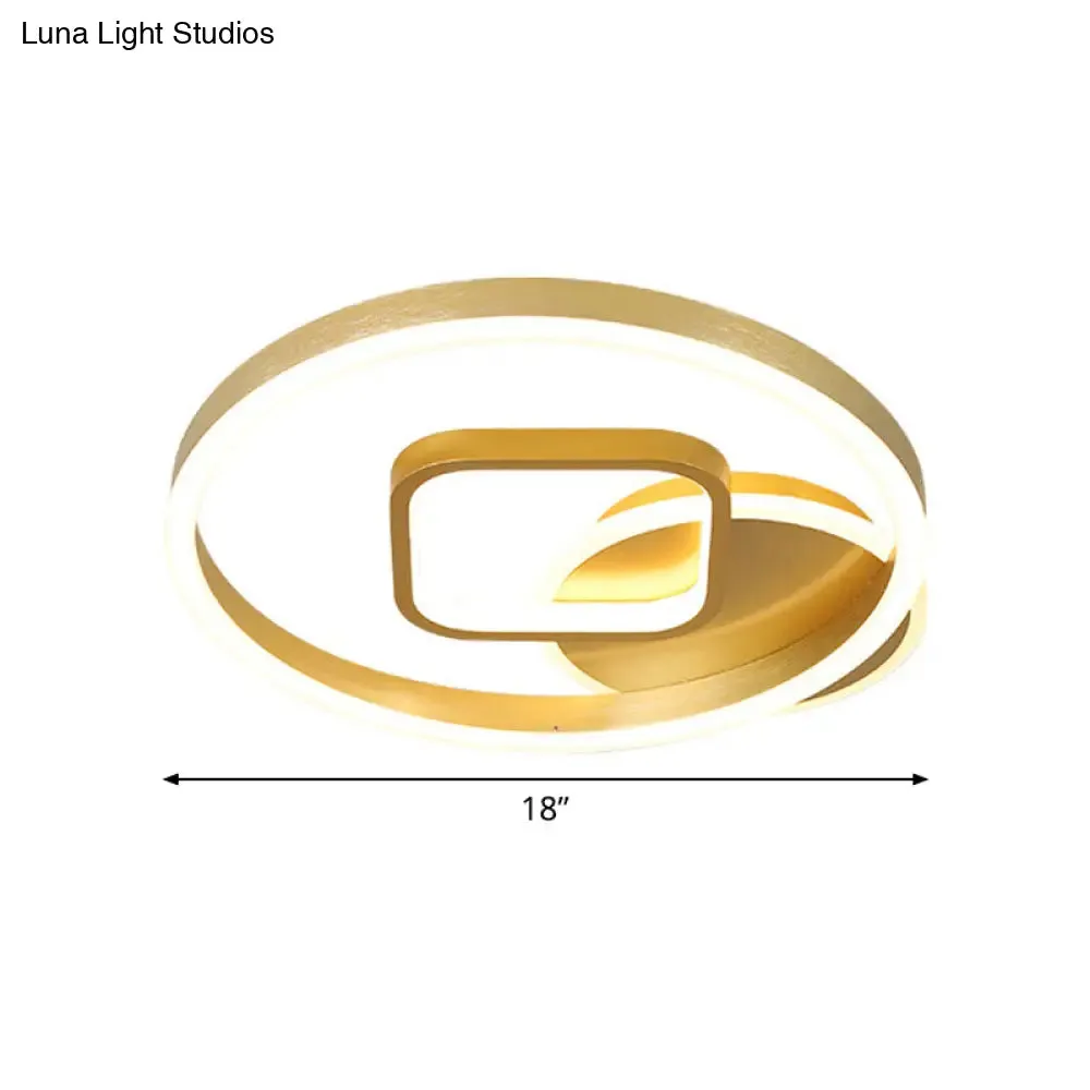 18"/22" Wide LED Flush Mount Lamp - Minimal Metal Golden Circle and Square Ceiling Light in Warm/White Light