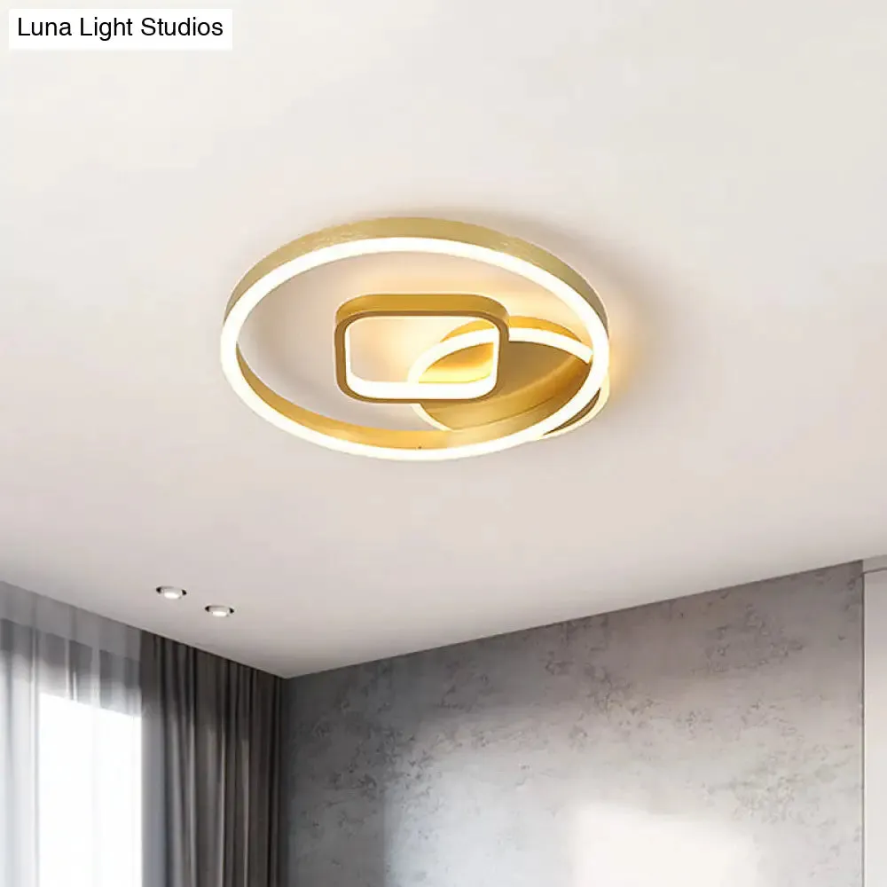 18"/22" Wide LED Flush Mount Lamp - Minimal Metal Golden Circle and Square Ceiling Light in Warm/White Light
