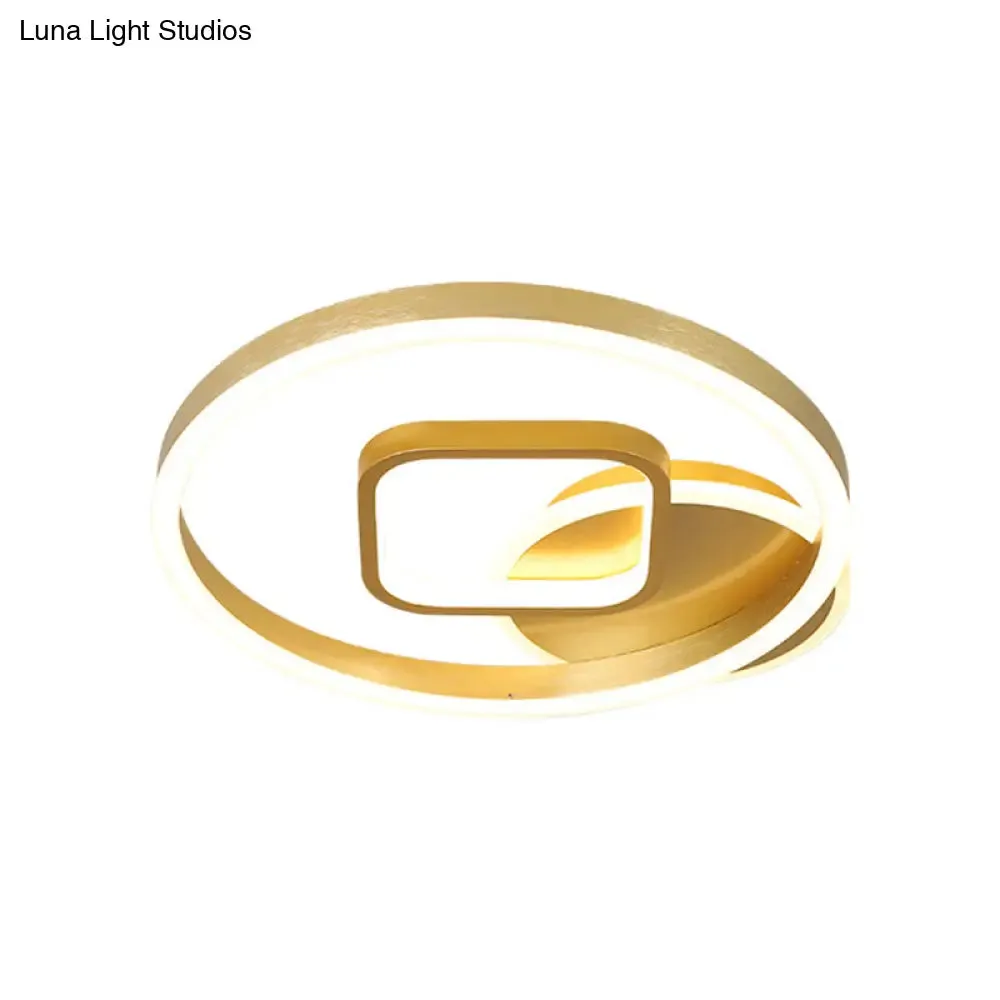 18"/22" Wide LED Flush Mount Lamp - Minimal Metal Golden Circle and Square Ceiling Light in Warm/White Light