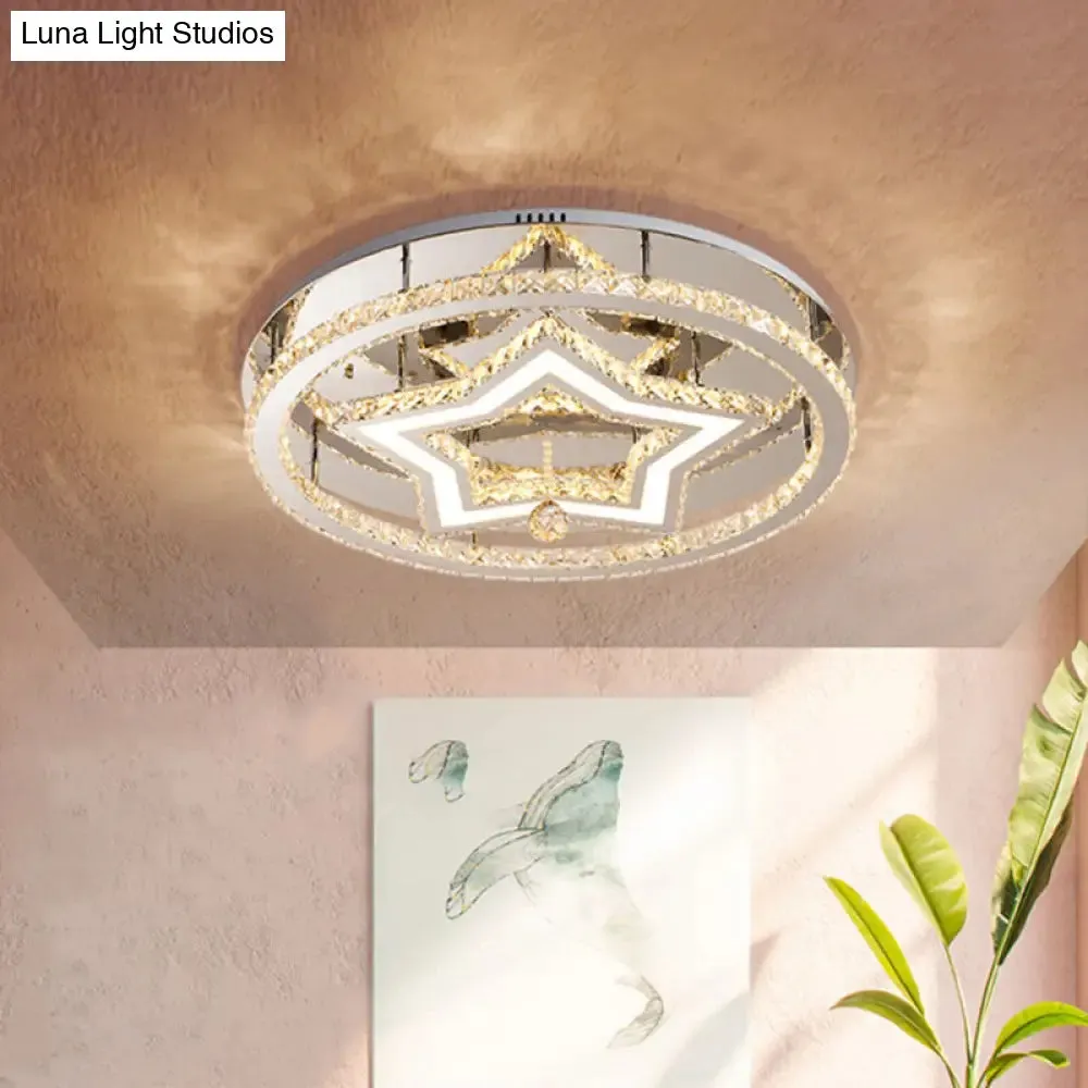 19.5"/23.5" Star Crystal Semi Flush Mount LED Ceiling Fixture in Chrome - Warm/White Light, Great Room Lighting