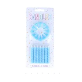 24 Blue Candles With Holders