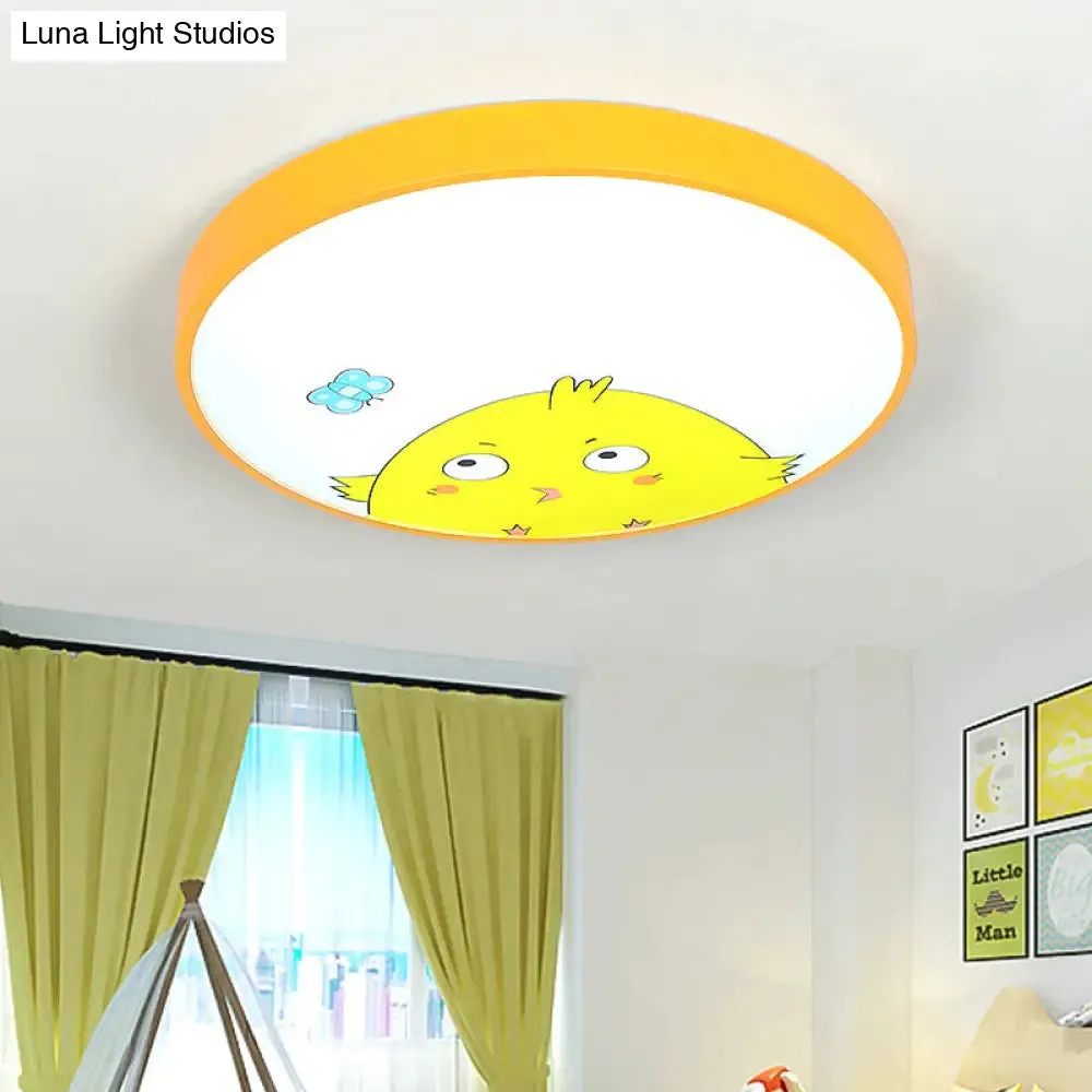 Adorable Chick Acrylic Yellow Flush Light for Kindergarten Corridor - Lovely Drum Flush Ceiling Light