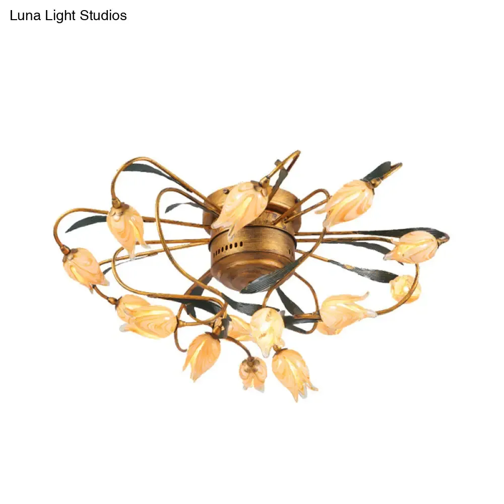 American Garden Bedroom Ceiling Light with 8/15 LED Heads and Frosted Glass in Brass Finish