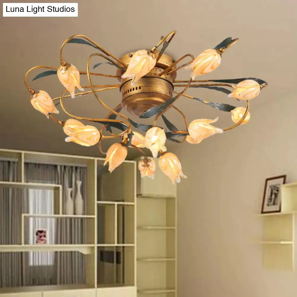 American Garden Bedroom Ceiling Light with 8/15 LED Heads and Frosted Glass in Brass Finish