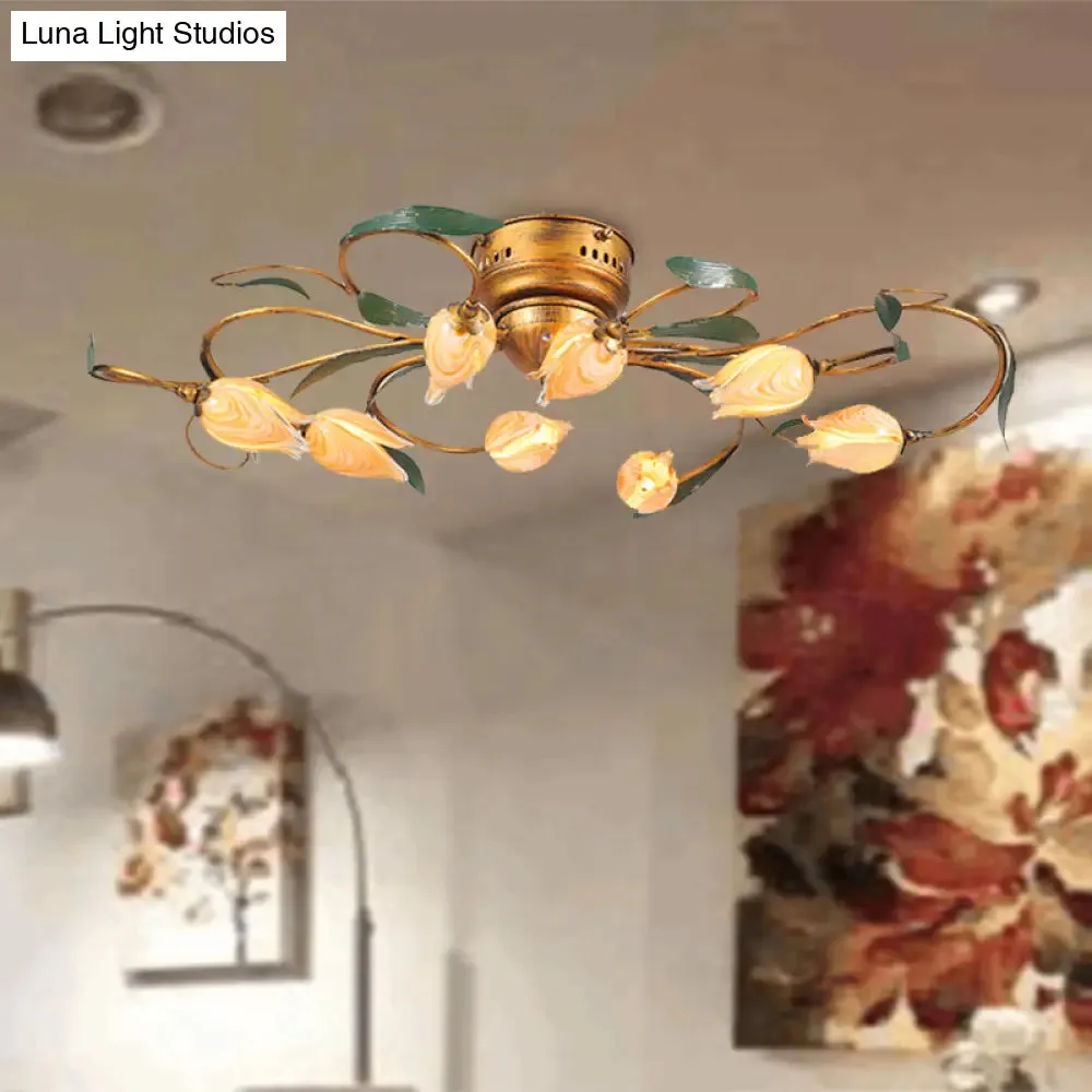 American Garden Bedroom Ceiling Light with 8/15 LED Heads and Frosted Glass in Brass Finish