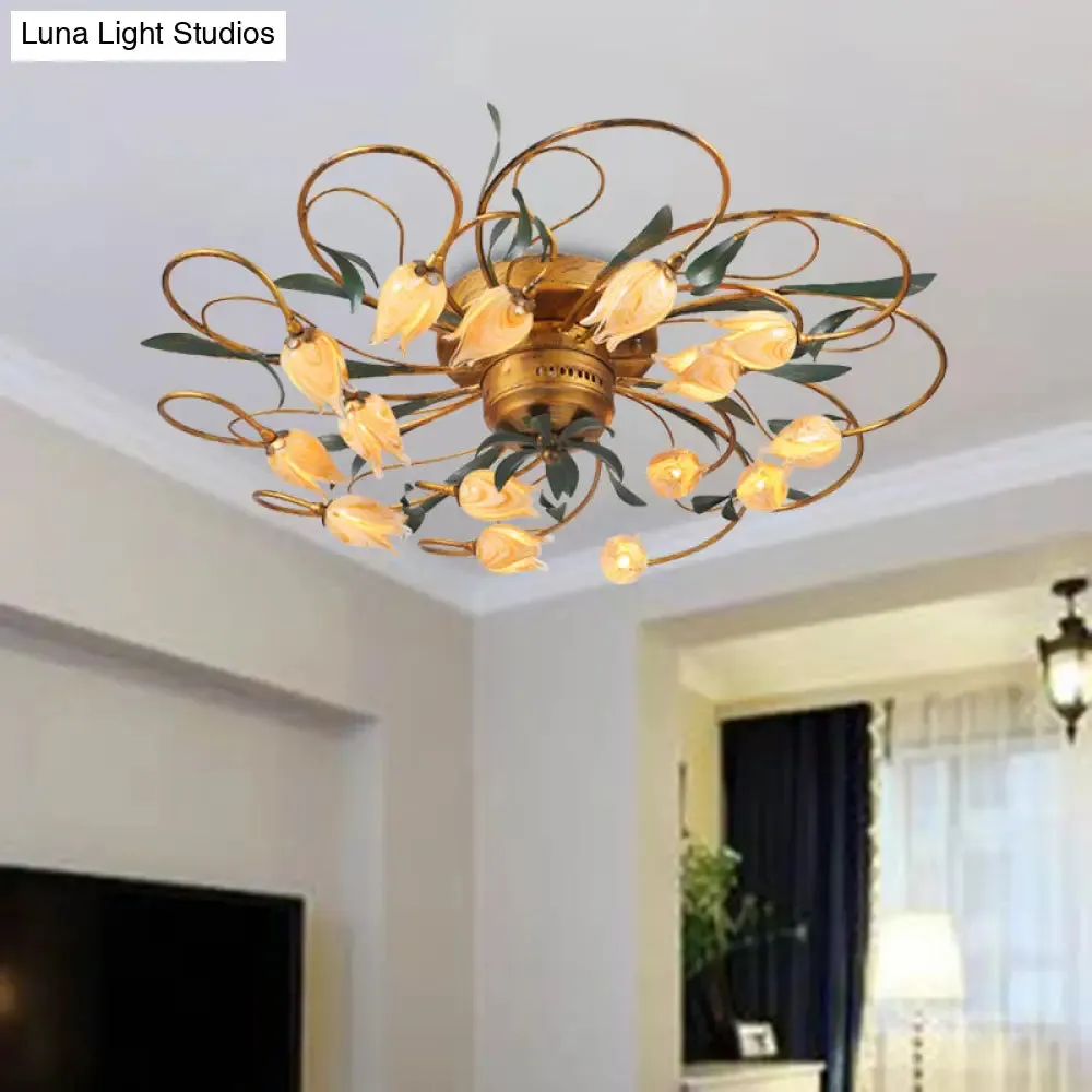 American Garden Bedroom Ceiling Light with 8/15 LED Heads and Frosted Glass in Brass Finish