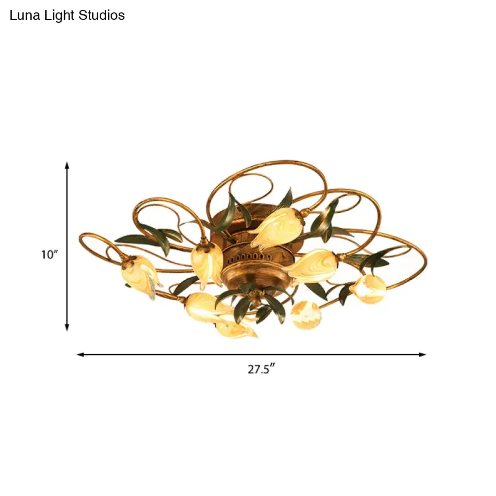 American Garden Bedroom Ceiling Light with 8/15 LED Heads and Frosted Glass in Brass Finish