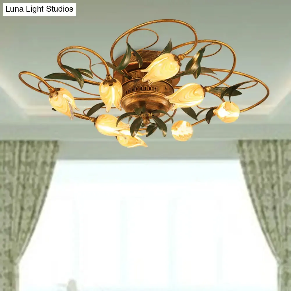 American Garden Bedroom Ceiling Light with 8/15 LED Heads and Frosted Glass in Brass Finish