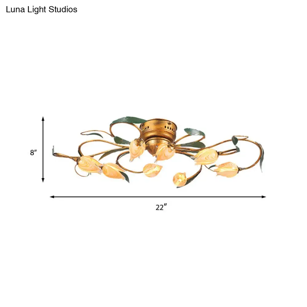 American Garden Bedroom Ceiling Light with 8/15 LED Heads and Frosted Glass in Brass Finish
